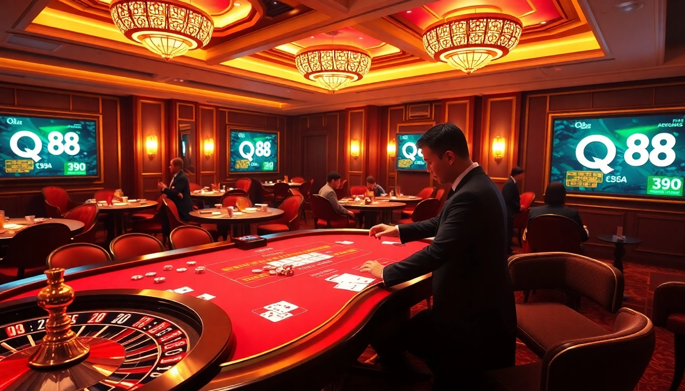 Players engaged at a glamorous qq 88 casino table, featuring cards and chips under soft lighting.