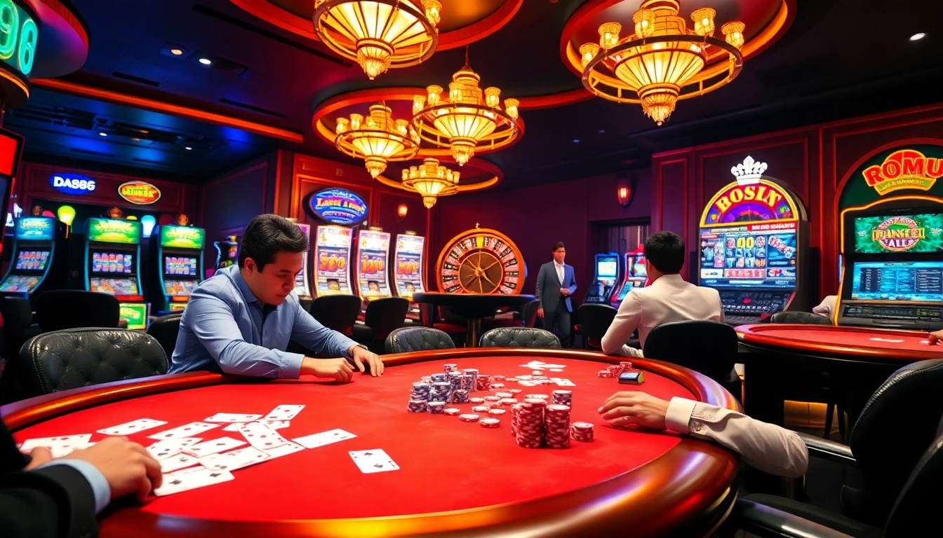 Engaging in a high-stakes poker game at https://da88.media/ with colorful chips and vibrant slot machines.