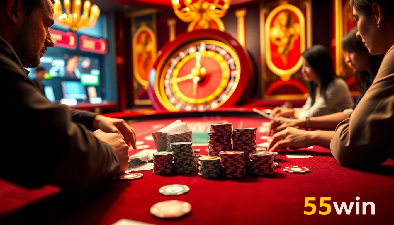 Experience thrilling poker action at 555win with colorful chips and cards.