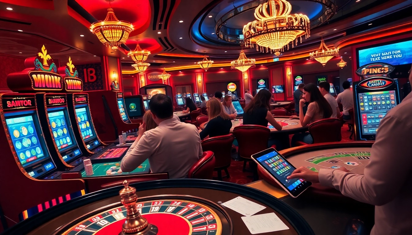 Casino scene showcasing crypto casino France with players at roulette and glowing slot machines.