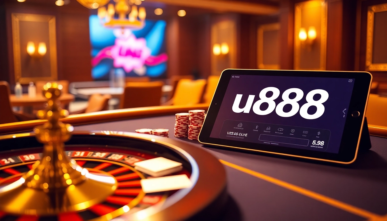 Exciting casino scene featuring u888 with poker chips, cards, and roulette wheel.