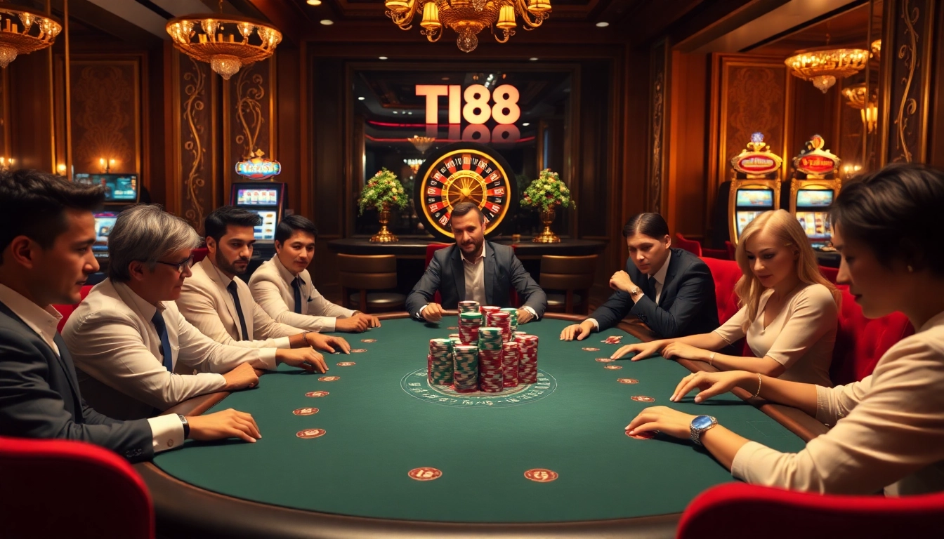 TK88 poker players engaging at a high-stakes table with vibrant chips and roulette.