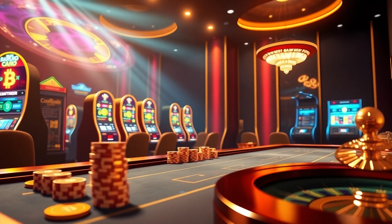 Scène captivante de casino en ligne Bitcoin affichant un jeu luxueux avec des interfaces numériques et des tables dynamiques.