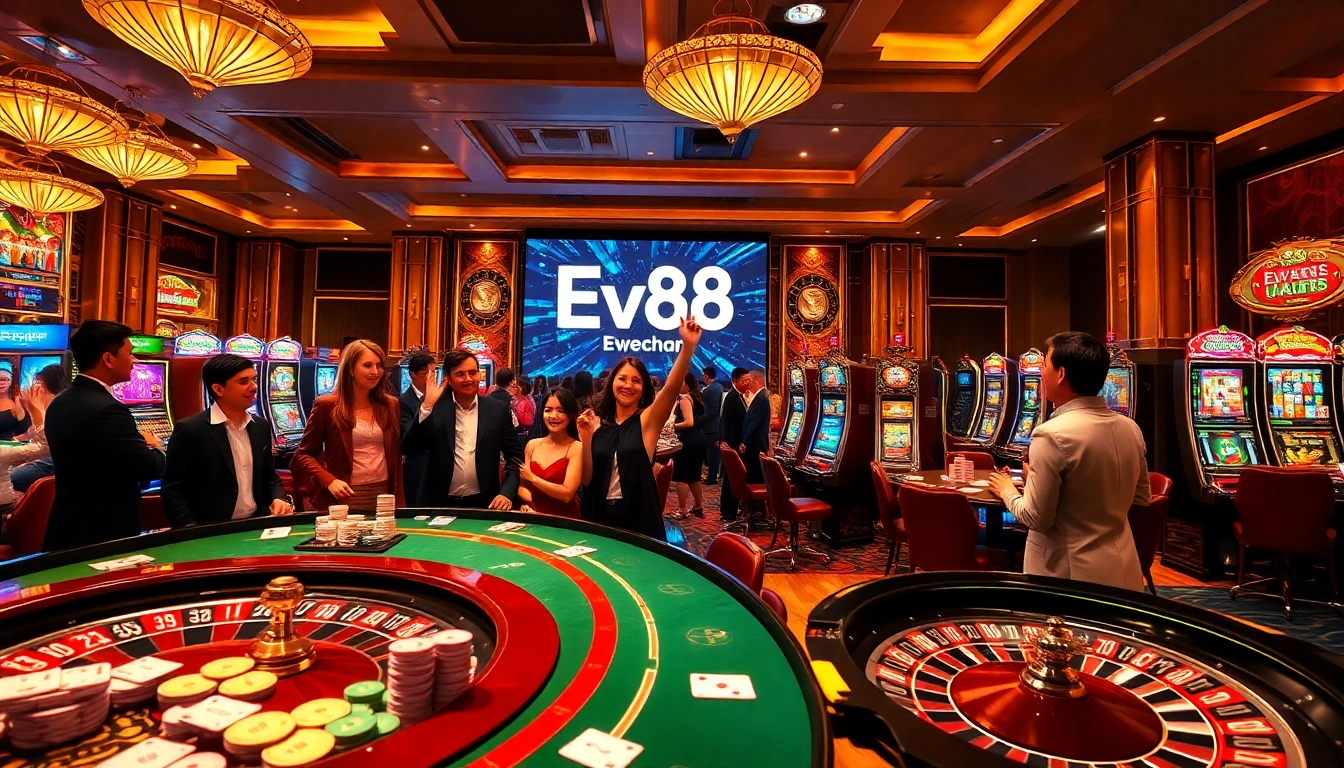 Exciting casino scene featuring Ev88 poker games, roulette, and vibrant slots.