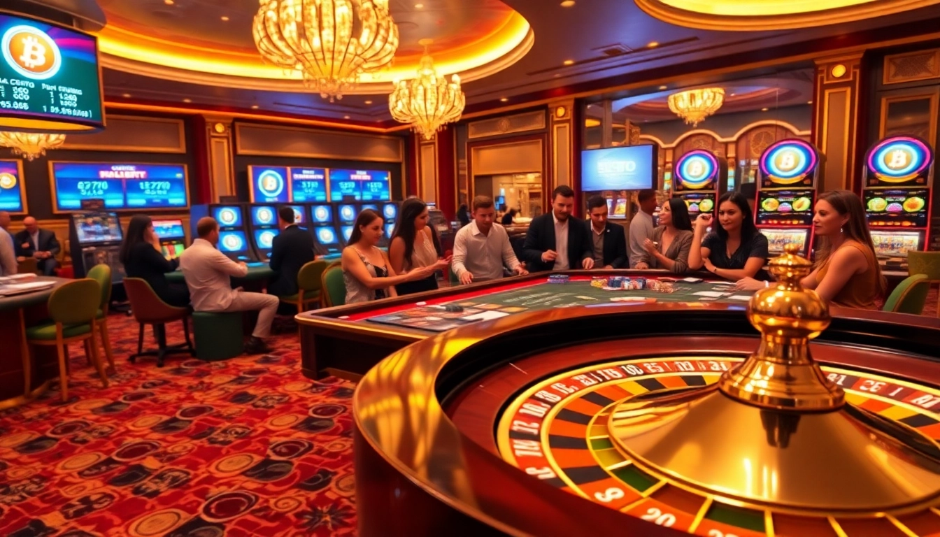 Enjoying an exciting game at a crypto casino in France with vibrant decor and digital screens.